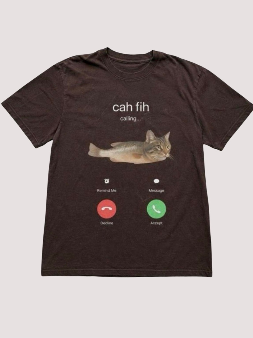 Calling Cat Fish Graphic Tee, Casual Dark Brown Cute Cat T-Shirt For Unisex